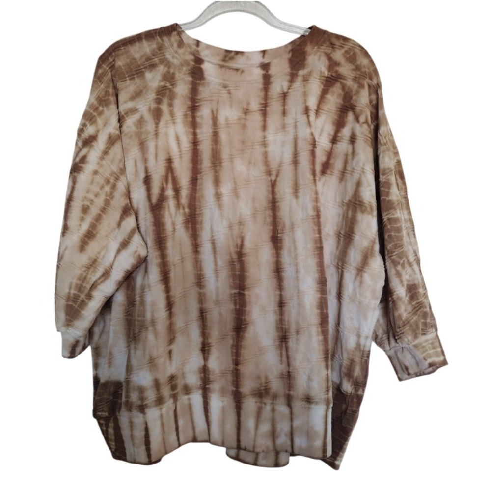 Terra & Sky Top Women's XL Brown Beige Textured Tie Dye 3/4 Sleeves Boho Soft